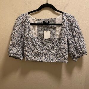 Anthropologie O.P.T Blue & White Floral Puff Sleeve Cropped Top Size Large NEW